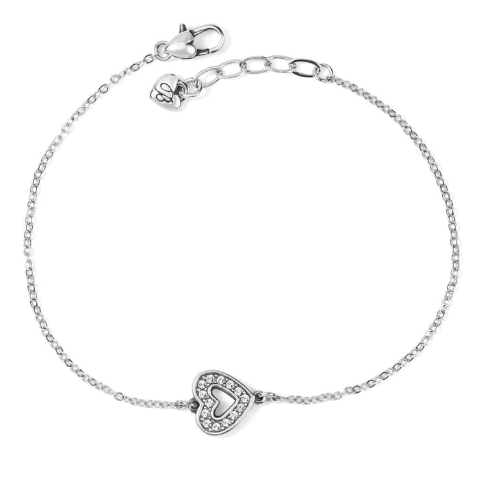 Brighton silver-plated chain bracelet with crystal-accented open heart charm and lobster clasp on a white background