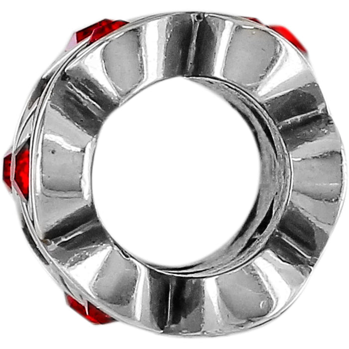 Brighton silver-plated spacer bead with ridged rondelle design and red crystal accents on a white background