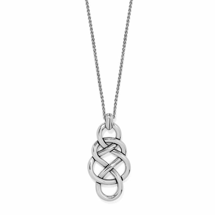Brighton pendant necklace with silver-plated interwoven knot design on a polished chain on a white background