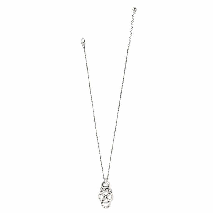 Brighton pendant necklace with silver-plated interlocking knot design and adjustable cable chain on a white background
