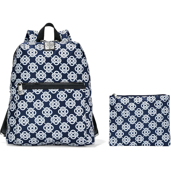 Brighton backpack with navy and white Celtic knot print, front zip pocket, and matching pouch on a white background