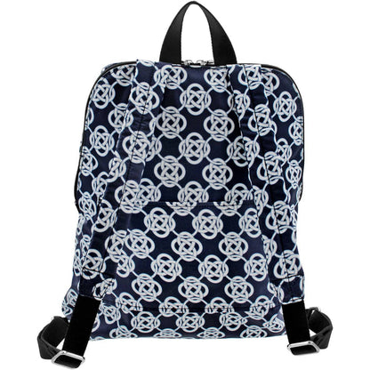 Brighton backpack shown from the back with navy and white Celtic knot print and adjustable straps on a white background