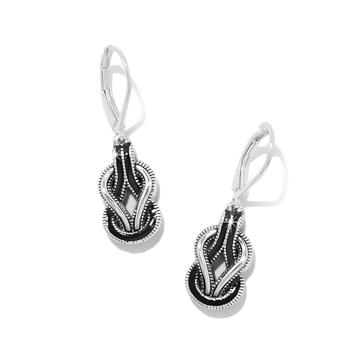 Brighton drop earrings with silver-plated interwoven design and black enamel accents on a white background