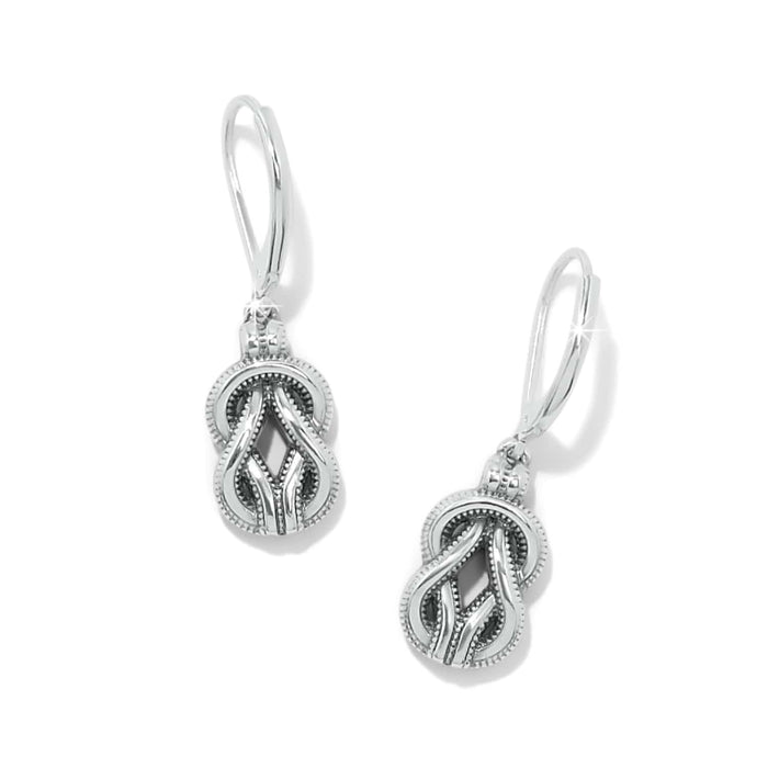 Brighton drop earrings with silver-plated interwoven knot design and beaded edge detailing on a white background