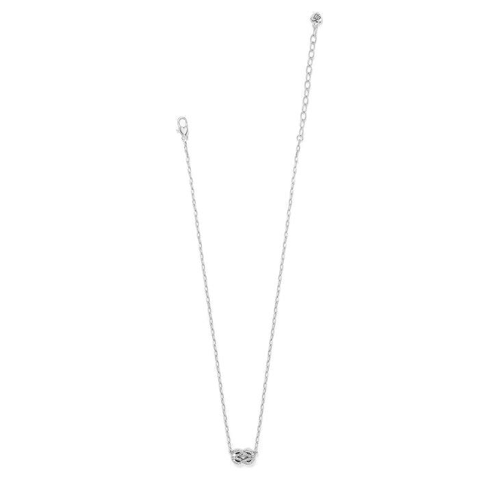Brighton silver-plated necklace with crystal-accented infinity knot pendant and lobster clasp on a white background