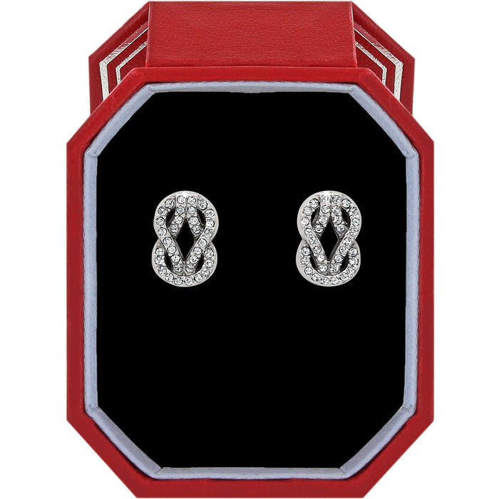 Brighton stud earrings with silver-plated interlocking knot design and crystal accents in a red gift box