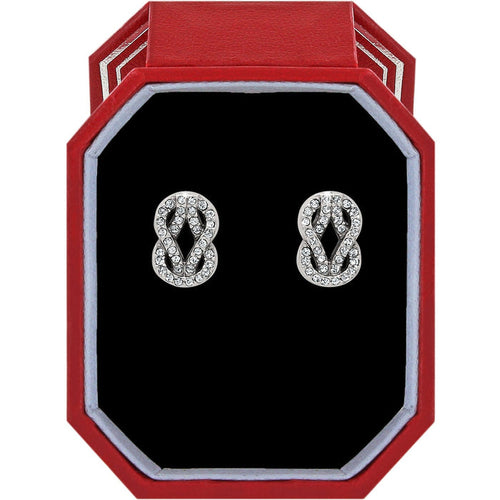 Brighton stud earrings with silver-plated interlocking knot design and crystal accents in a red gift box