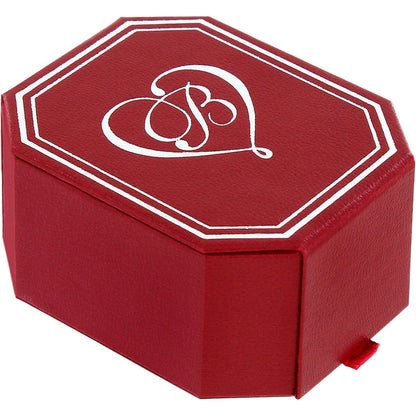Brighton red octagonal jewelry gift box with white scrollwork heart emblem and decorative border on a white background