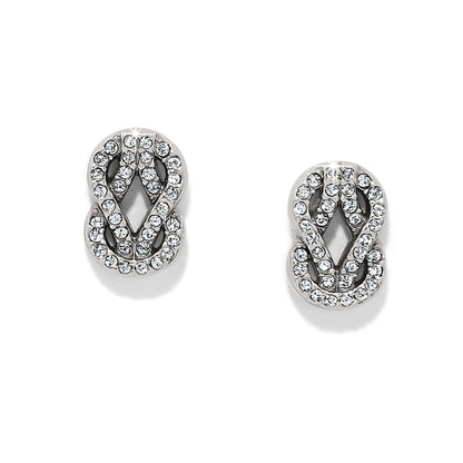 Brighton silver-plated knot earrings with pavé crystal accents in interlocking loop design on a white background