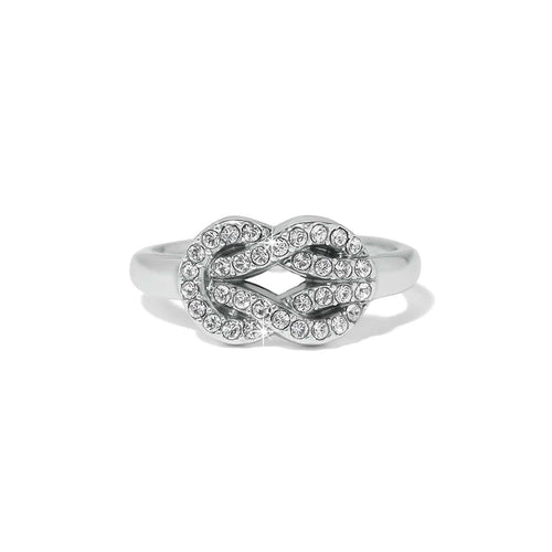 Brighton ring with silver-plated love knot design and pavé crystal accents on a white background