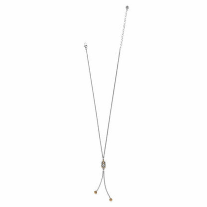 Brighton lariat necklace with two-tone knot pendant and beaded drop ends with adjustable chain on a white background