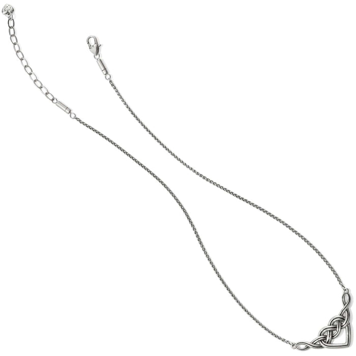 Brighton necklace with silver-tone wheat chain, lobster clasp, and Celtic knot heart accent on a white background