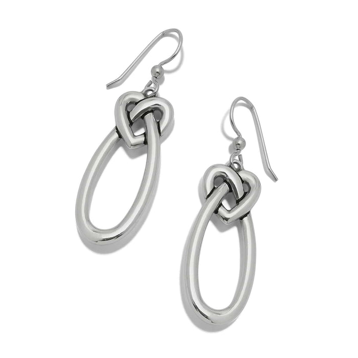 Brighton drop earrings with silver-plated heart knot links and elongated oval loops on a white background