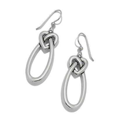 Brighton drop earrings with silver-plated heart knot links and elongated oval loops on a white background