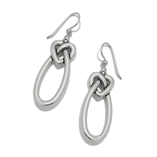 Brighton drop earrings with silver-plated heart knot links and elongated oval loops on a white background