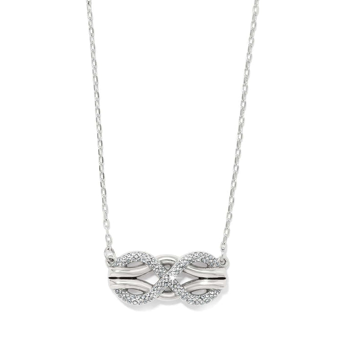 Brighton silver-plated necklace with double infinity pendant featuring crystal accents on a white background