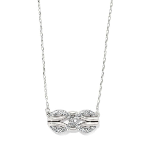 Brighton silver-plated necklace with double infinity pendant featuring crystal accents on a white background