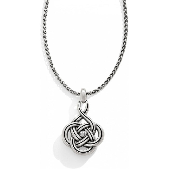 Brighton pendant necklace with silver-plated Celtic knot design and small crystal center accent on a white background