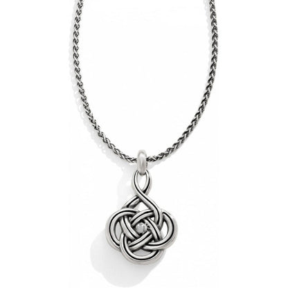 Brighton pendant necklace with silver-plated Celtic knot design and small crystal center accent on a white background
