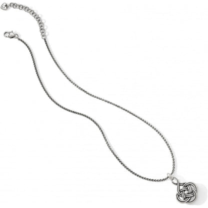 Brighton pendant necklace with silver-plated Celtic knot charm, crystal center, and adjustable chain on a white background