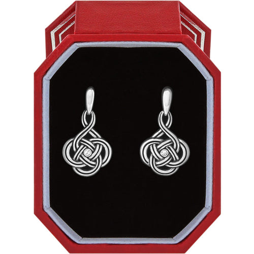 Brighton drop earrings with silver-plated Celtic knot design and crystal centers displayed in a red gift box