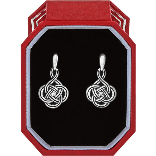 Brighton drop earrings with silver-plated Celtic knot design and crystal centers displayed in a red gift box