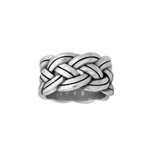 Brighton ring with wide silver-plated braided woven band and polished finish on a white background