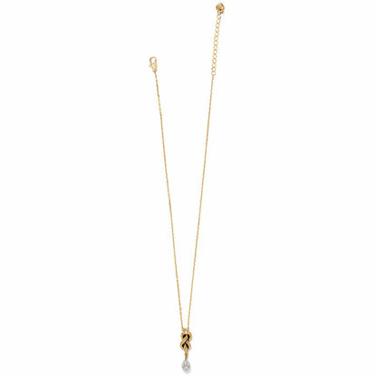 Brighton gold-tone chain necklace with knotted pendant and silver-tone teardrop accent on a white background