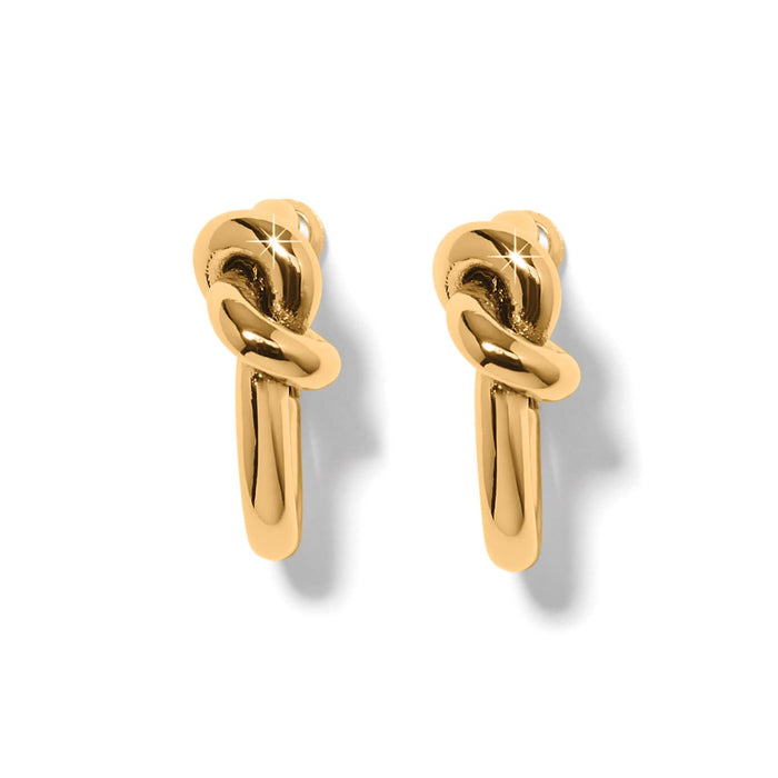 Brighton hoop earrings with gold-plated knotted top design and polished curved drops on a white background