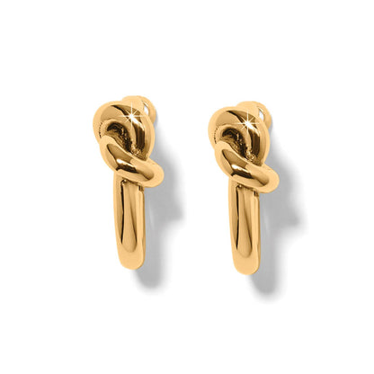 Brighton hoop earrings with gold-plated knotted top design and polished curved drops on a white background
