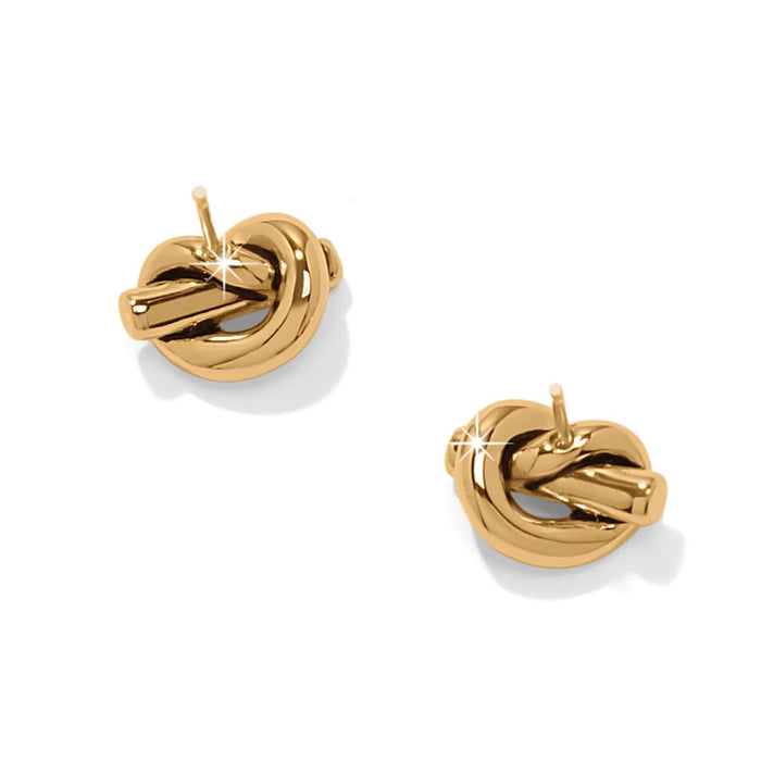 Brighton stud earrings with gold-plated love knot design and polished finish on a white background