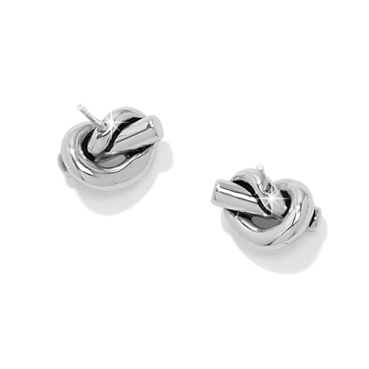 Brighton stud earrings with silver-plated knotted twist design and polished finish on a white background