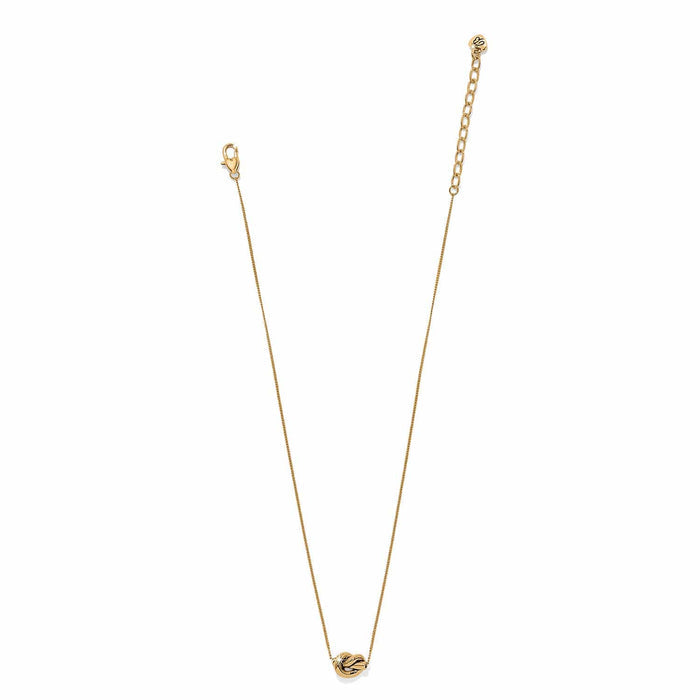 Brighton gold-tone necklace with small knot pendant, fine chain, lobster clasp, and extender on a white background