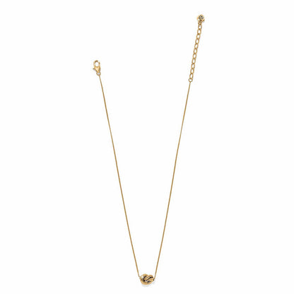 Brighton gold-tone necklace with small knot pendant, fine chain, lobster clasp, and extender on a white background