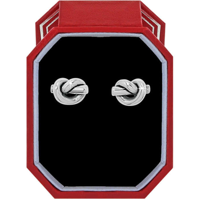 Brighton silver-plated knot stud earrings displayed in a red gift box with black interior on a white background