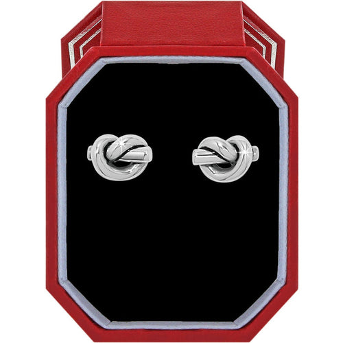 Brighton silver-plated knot stud earrings displayed in a red gift box with black interior on a white background