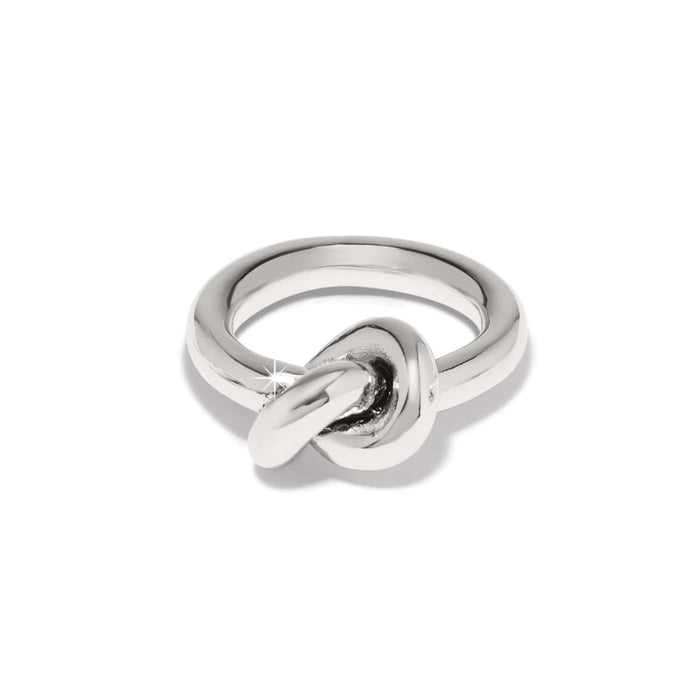 Brighton ring with silver-plated polished knot design at the center of a smooth band on a white background