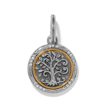 Brighton tree of life charm in two-tone finish with crystal accents and hammered border on a white background
