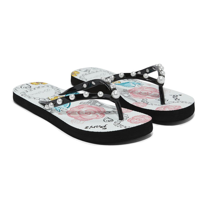 Brighton black rubber flip-flop sandals with pearl-embellished straps and pink floral Paris print footbed on a white background