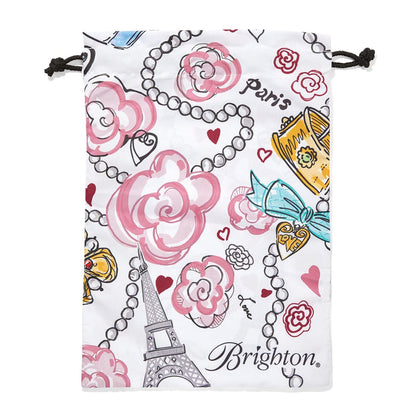 Brighton drawstring pouch with illustrated Paris print featuring Eiffel Tower, roses, pearls, and hearts on a white background