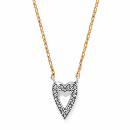 Brighton pendant necklace with silver-tone crystal heart on a gold-tone chain on a white background