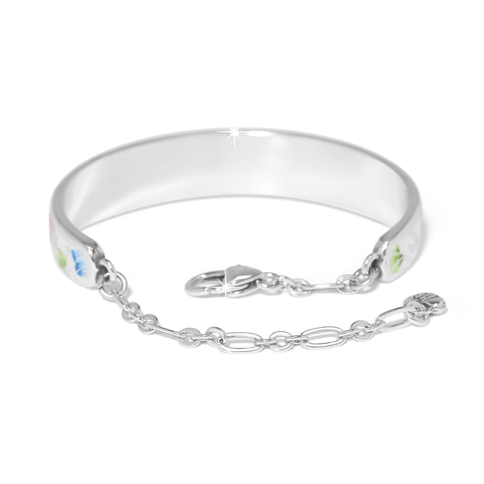 Brighton bangle bracelet with silver-plated finish, enamel floral accents, and chain clasp closure on a white background