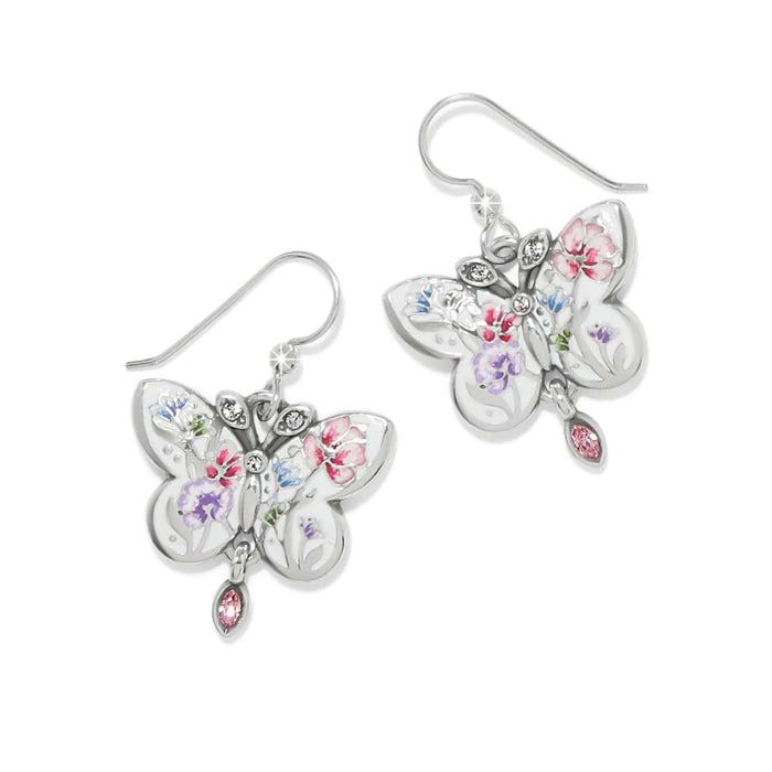 Brighton butterfly drop earrings with silver-plated finish, floral enamel detail, crystal accents, and pink crystal drops on a white background