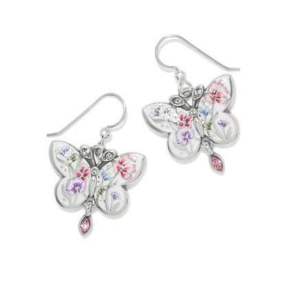 Brighton butterfly drop earrings with silver-plated finish, floral enamel detail, crystal accents, and pink crystal drops on a white background
