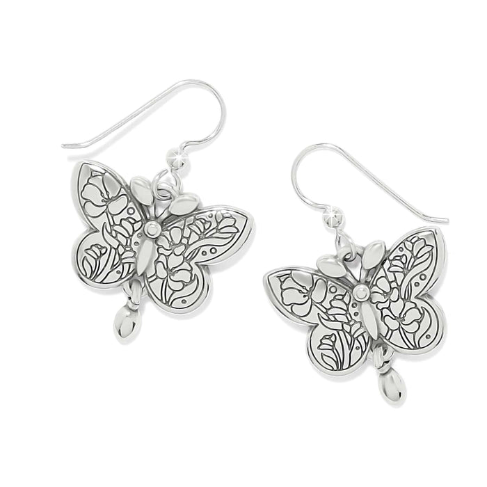 Brighton butterfly drop earrings with silver-plated floral engraved wings and small dangle accents on a white background