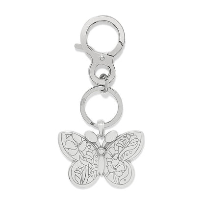 Brighton key fob with silver-plated butterfly charm featuring engraved floral wing detail and clip closure on a white background