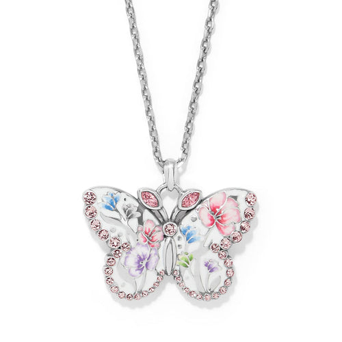 Brighton butterfly pendant necklace with pink crystals, enamel floral details, and silver-plated chain on a white background