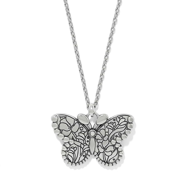 Brighton butterfly pendant necklace with silver-plated finish and engraved floral wing detail on a white background
