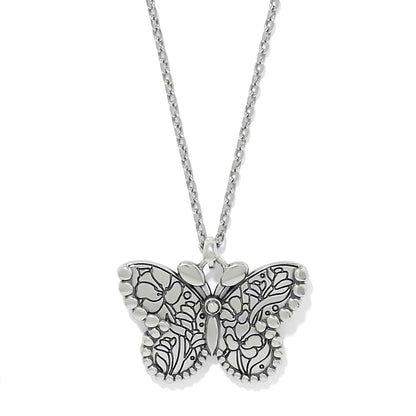 Brighton butterfly pendant necklace with silver-plated finish and engraved floral wing detail on a white background