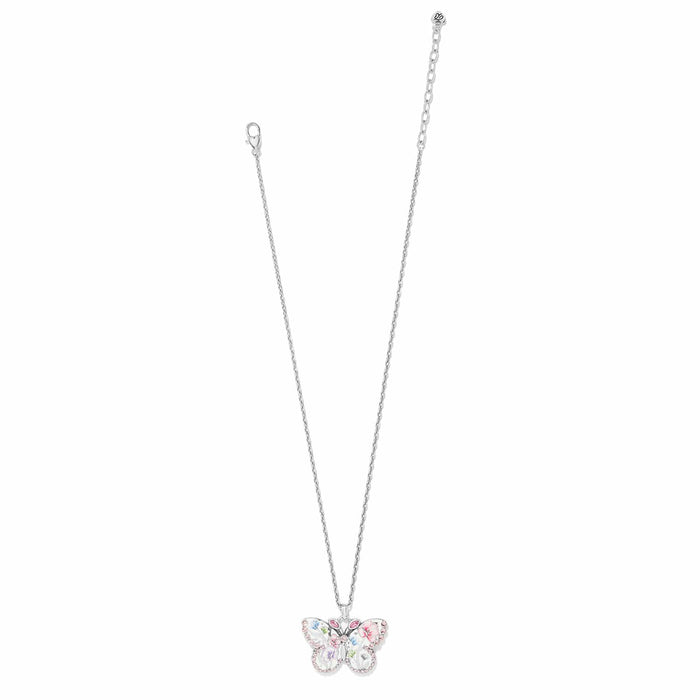 Brighton pendant necklace with silver-plated chain and butterfly pendant featuring floral details and pink crystals on white background